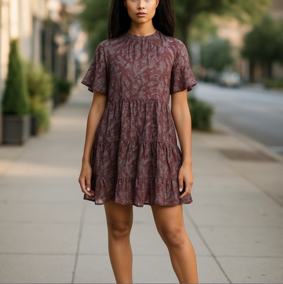 New Whimsigoth Mini Dress ruffled tiered brown/ blue Print flowy NWT sz S - Picture 13 of 13